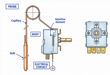 Internal components of a mechanical temperature switch with capillary sensing mechanism